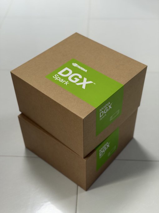 Two stacked NVIDIA DGX Spark boxes sit on a tiled floor, with the green "NVIDIA DGX Spark" labels prominently displayed on their sides—matching the announcement that the Spark 5 & 6 units have arrived. The packaging visually reinforces the post's message about securing compute power for the future.