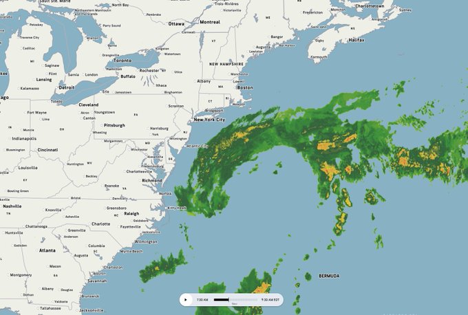 A weather radar map showing green and yellow storm cells moving across the eastern United States, with a timestamp of '7:00 AM 7:30 AM EDT'.