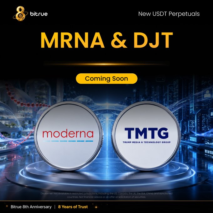 A promotional graphic from Bitrue announces the upcoming launch of USDT perpetual futures trading for Moderna ($MRNA) and Trump Media & Technology Group ($DJT), featuring the companies' logos on metallic tokens with a "Coming Soon" banner, set against a high-tech cityscape background.