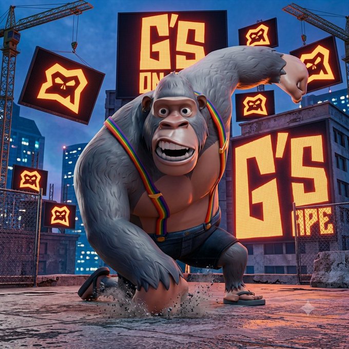 A cartoon gorilla wearing rainbow suspenders and flip-flops stands in a city setting with large illuminated screens displaying 'G's' and skull logos.