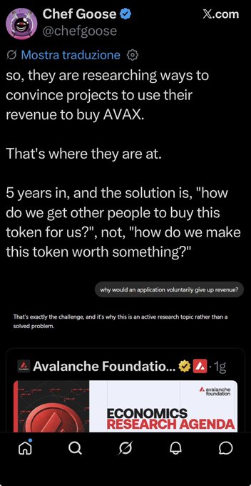 A tweet from Chef Goose (@chefgoose) criticizing Avalanche Foundation's economics research agenda, showing text about researching ways to convince projects to use their revenue to buy AVAX, with an embedded image of the Avalanche Foundation Economics Research Agenda.