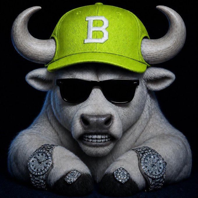 A stylized black bull wearing a bright green 'B' baseball cap, sunglasses, diamond-encrusted grillz, and two luxury watches, presented as a 3D rendered image against a dark background.