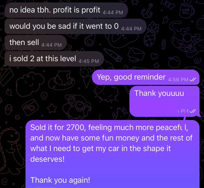 A text conversation where a friend advises the poster to take profits, prompting the poster to sell at $2700 for peace of mind and to fund Mustang car parts. The exchange directly supports the post's message about realizing gains and covering real-life expenses instead of holding for higher prices.