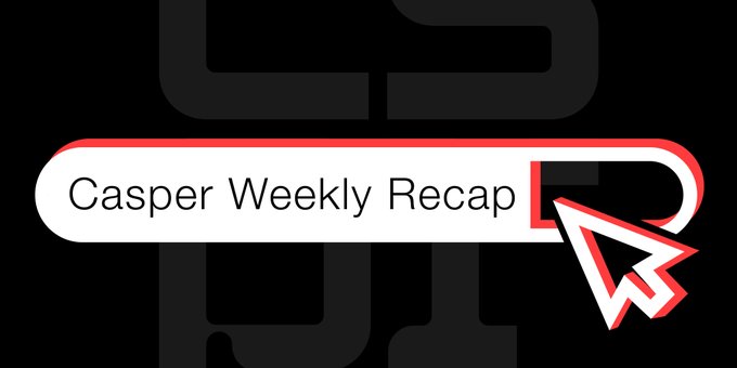 The image displays a graphic with the text "Casper Weekly Recap" in a search bar-style design, accompanied by a cursor arrow. It serves as a header visual for a weekly summary post highlighting Casper Network's progress on U.S. expansion and developments in RWAs and enterprise infrastructure, as noted by Sarson Funds.