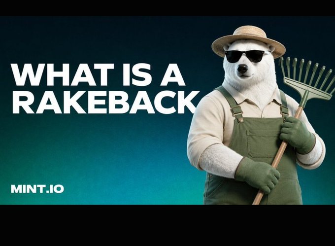 A promotional graphic titled 'WHAT IS A RAKEBACK' featuring a polar bear wearing a straw hat, sunglasses, green overalls, and holding a rake, branded with MINT.IO.