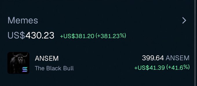 Crypto portfolio screenshot showing Memes category at US$430.23 (+381.23%), with ANSEM (The Black Bull) holding 399.64 ANSEM valued at +US$41.39 (+41.6%).