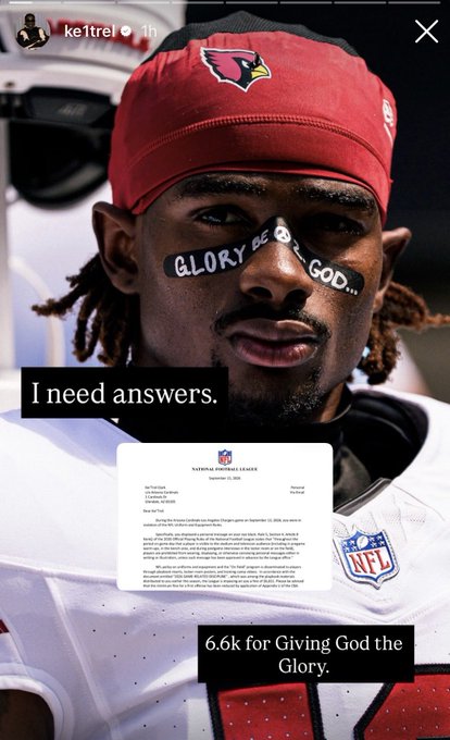 An Instagram story from 'ke1trel' showing an NFL player with eye black reading 'GLORY BE TO GOD...', captioned 'I need answers' and '6.6k for Giving God the Glory' over an NFL document.