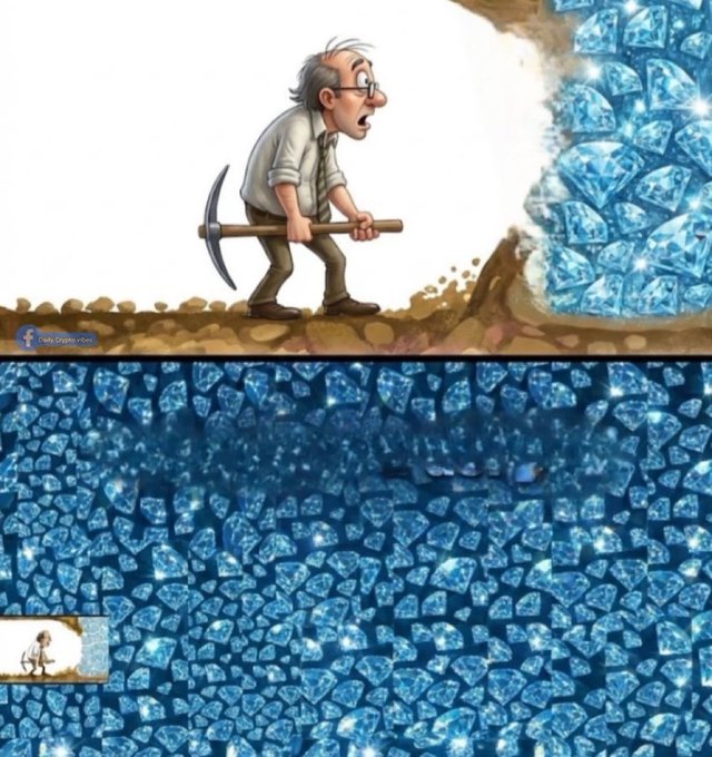 The image shows a cartoon of a small, exhausted man with a pickaxe standing next to a modest pile of dirt, while a massive, overwhelming mountain of glittering blue diamonds looms beside him—visually exaggerating the comparison. The caption "Daily Crypto Kart" appears on the artwork. The meme humorously illustrates how current SOL (Solana) holders feel underappreciated, suggesting that despite their hard work, they pale in comparison to the explosive gains ("diamonds") that await them in the near future.