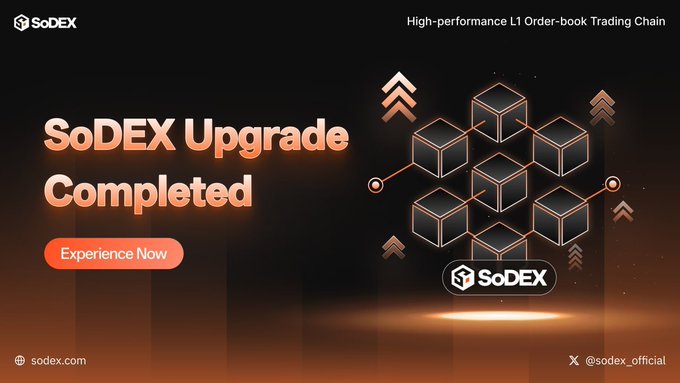 An advertisement banner announcing the successful completion of the SoDEX mainnet upgrade, featuring the headline "SoDEX Upgrade Completed" and an "Experience Now" call-to-action button, alongside visuals of stacked cubes symbolizing the L1 Order-book Trading Chain upgrade at sodex.com.