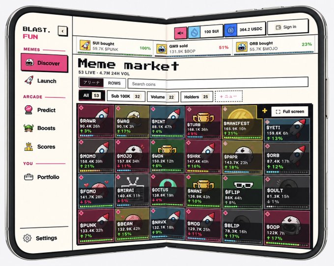 A screenshot displayed on a foldable device showing the BLAST.FUN meme market platform with a wallet showing 100 SUI and 364.2 USDC, featuring a grid of various meme tokens including $RAWR, $WAG, $MINT, $TURB, $MANIFEST, $YETI, $HOMO, $MOJO, $WON, $SHRK, $PAPR, $ORB, $FOMO, $MIRAI, $OCTUS, $NAN, $FLIP, $GULT, $PUNK, $BEAN, $NAVX, $HOG, $BLIP, and $DOP, with prices and percentage changes.
