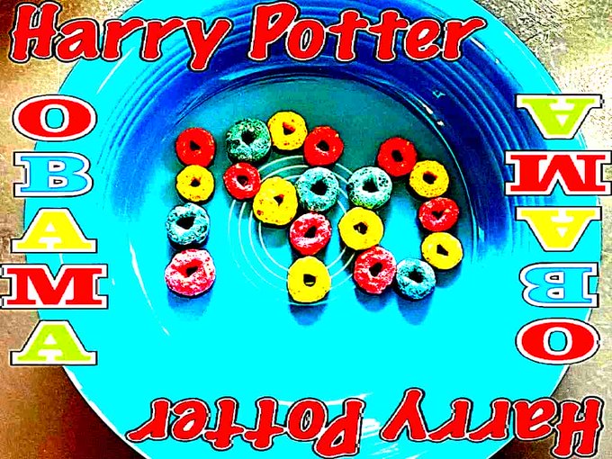 A bowl contains colorful cereal loops (red, yellow, blue) with text reading "Harry Potter OBAMA" mirrored around the edges, spelling "Obama" on the left and "Wama" (reversed Obama) on the right.