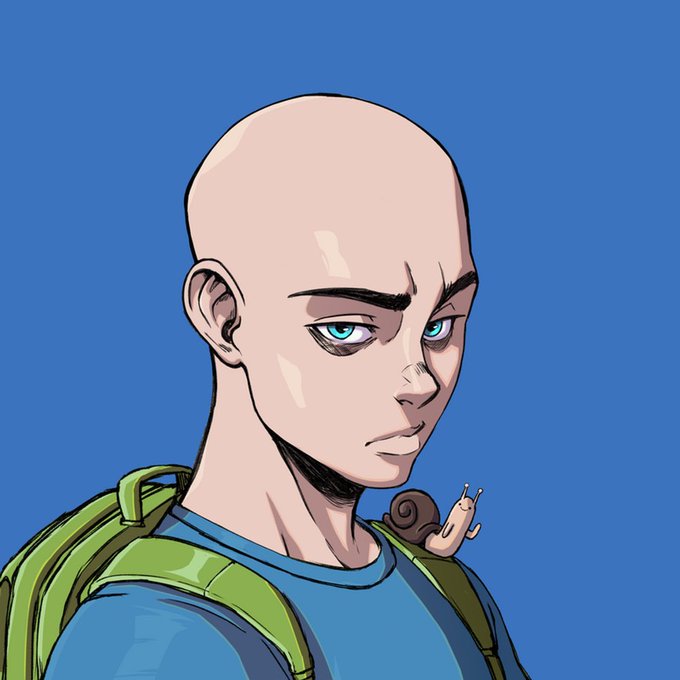 A digital illustration of a bald anime-style character with blue eyes wearing a backpack, with a small snail perched on his shoulder against a blue background.