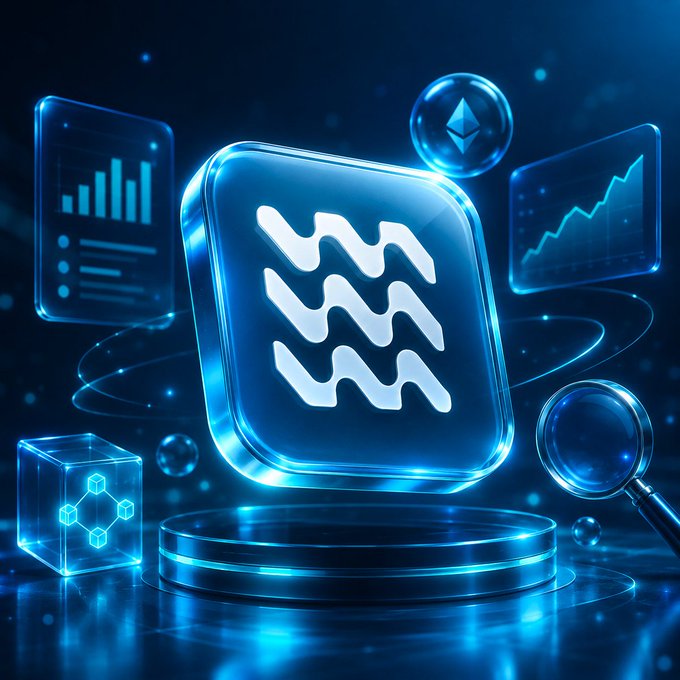 A blue futuristic 3D illustration of a stylized currency/wave symbol on a glass-like tile, surrounded by holographic bar charts, line graphs, an Ethereum coin, and a magnifying glass, representing crypto analytics.