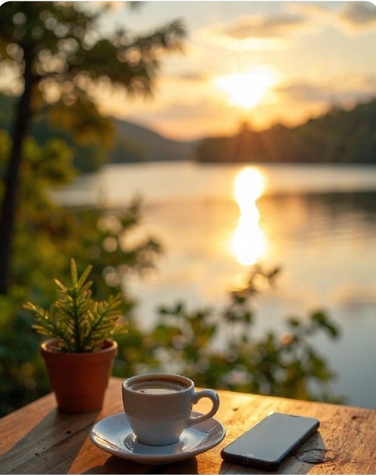 The image features a wooden table with a white cup of coffee, a cell phone, and a potted plant. There are also two other cups visible in the scene. The setting appears to be outdoors, possibly at a park or near a lake, as there is a sunset in the background. The post reads "Good morning everyone", which suggests that it might be an early morning message from someone who wants to share their day with others.