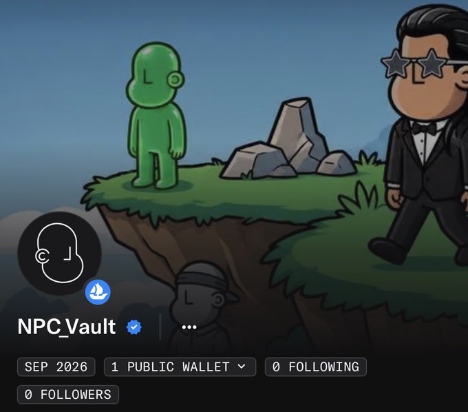 A profile page for 'NPC_Vault' on what appears to be a social/crypto platform, showing a verified account established in September 2026 with 0 followers, featuring cartoon-style avatars in a grassy landscape.