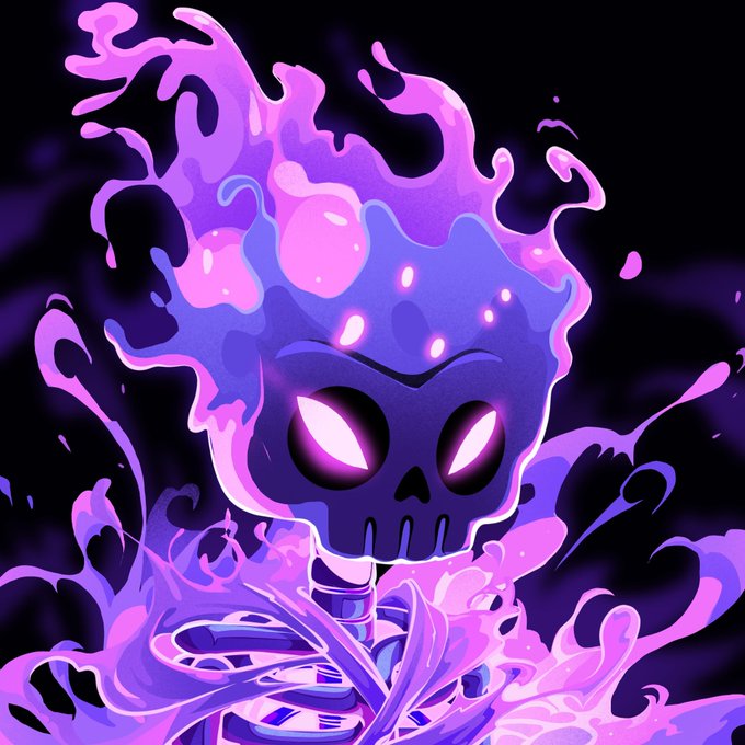 A digital illustration of a flaming skull engulfed in purple and blue ethereal flames against a dark background, with glowing pink eyes.