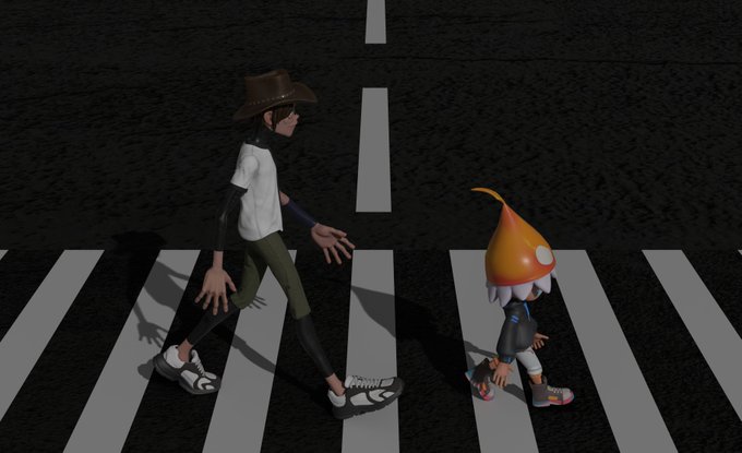 A 3D-rendered image of two stylized characters walking across a zebra crossing reminiscent of the Beatles' Abbey Road album cover, one wearing a cowboy hat.