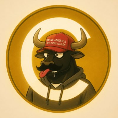 The image shows a cartoon-style bull with horns and a mustache wearing a red "MAKE AMERICA BULLISH AGAIN" hat, tongue out, framed within a gold coin emblem—stylized as the mascot for the "CATE TAKEOVER" crypto meme campaign.