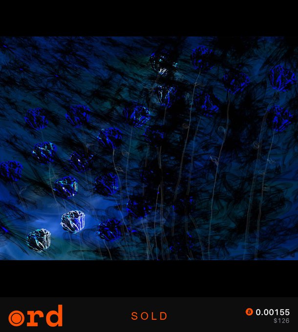 A dark blue digital artwork with scattered cubic shapes is displayed, marked as 'SOLD' on the 'ord' platform for 0.00155 ($126).