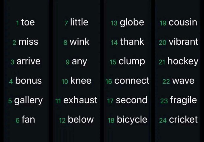 The image displays a numbered list of 24 words (from "1 toe" to "24 cricket") in four columns, which appears to represent a cryptocurrency wallet recovery seed phrase, similar to those warned about in the accompanying post about keeping self-custody wallet phrases private and never sharing them with anyone.