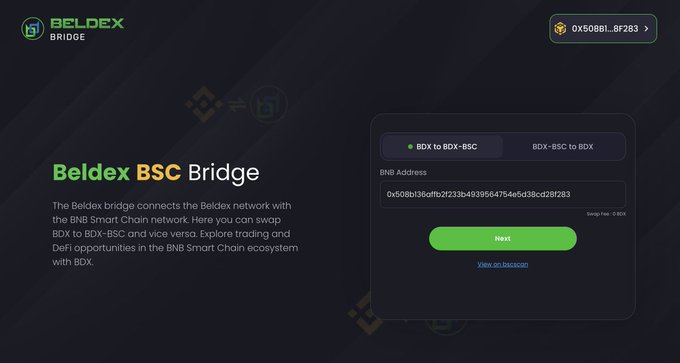 A dark-themed web interface for the 'Beldex BSC Bridge', showing options to swap 'BDX to BDX-BSC' and 'BOX-BSC to BDX', with a BNB address field and a green 'Next' button.