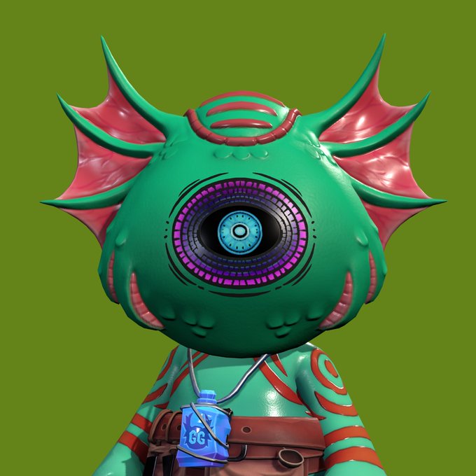 A 3D rendered character features a green, bulbous head with a large purple mechanical eye, pink fin-like ears, and is wearing a green outfit with a small blue 'GG' bottle attached to a belt.