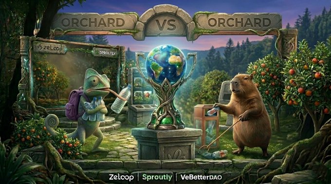 A fantasy-style illustration depicts a chameleon wearing a backpack and a bear facing off in an 'Orchard VS Orchard' battle, with text reading 'Zelcop | Sproutly | VeBetterDAO' at the bottom.
