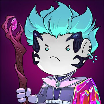 A cartoon-style illustration of a chibi character with spiky teal hair, black horns, and glowing cyan eyes, holding a wooden staff and a rainbow-colored shield against a purple background.