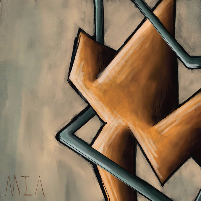 A digital painting featuring an abstract geometric composition with warm orange and brown angular shapes outlined by cool teal-blue lines against a muted gray background. The signature "MIA" appears in the lower left corner, while the post's "Good Morning 3xtz 9/10" message is not visible in the artwork itself.