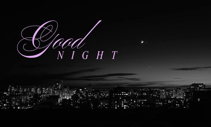 A black-and-white cityscape at night with city lights and a crescent moon, overlaid with the elegant purple text 'Good NIGHT'.