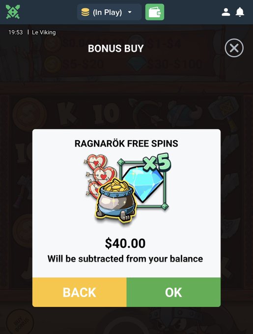 A screenshot from the slot game "Le Viking" showing a Bonus Buy confirmation prompt for "RAGNARÖK FREE SPINS" with a ×5 multiplier, costing $40.00 to be deducted from the balance. The image aligns with the post's caption about starting with a bonus, illustrating the player activating the bonus feature.