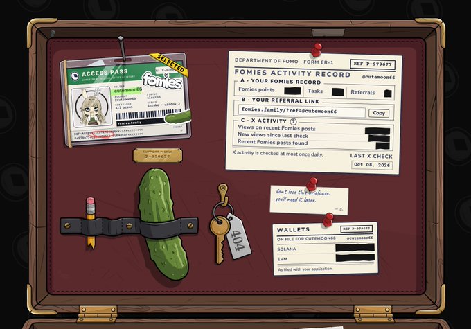 An illustrated digital artwork displays a corkboard with a 'FOMIES ACCESS PASS' ID card, a 'FOMIES ACTIVITY RECORD' document, a wallet listing 'SOLANA', a key with tag '404', and a pickle secured with a leather strap.
