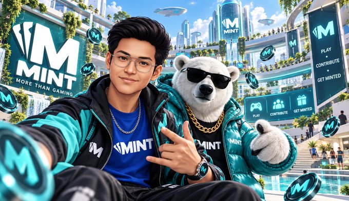 Digital artwork of a young man with glasses taking a selfie alongside a polar bear wearing sunglasses and gold chains, surrounded by 'MINT' branding and floating coins in a futuristic city setting.