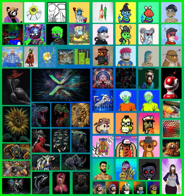 A colorful grid collage containing dozens of NFT-style digital art pieces featuring various characters including zombies, skeletons, animals, warriors, and abstract designs in a meme token art style.