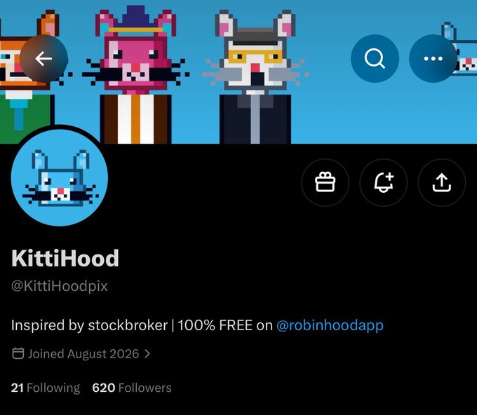 Twitter/X profile for KittiHood (@KittiHoodpix) featuring pixel art cats, with the bio "Inspired by stockbroker | 100% FREE on @robinhoodapp".