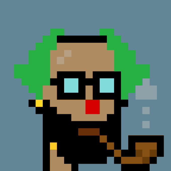 A simple pixel-art avatar of a person with green hair, cyan glasses, a red mouth, and a gold earring, set against a solid light-blue background.