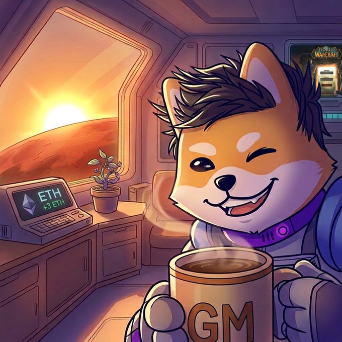 A cartoon-style illustration of a smiling Shiba Inu dog wearing a spacesuit and holding a mug labeled 'GM', with an ETH laptop screen showing '+3 ETH' and a sunset view of a planet through the window.