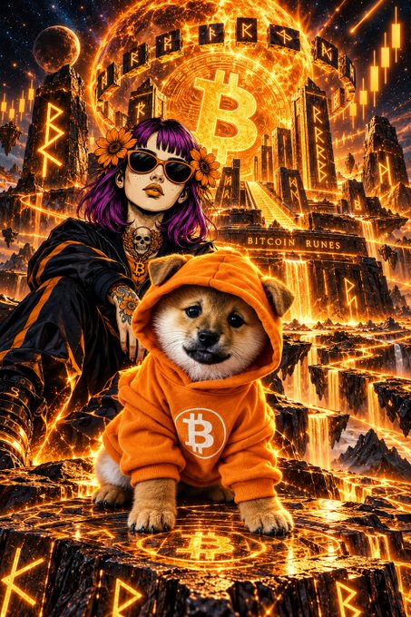 A digital artwork features a purple-haired woman in sunglasses and a Shiba Inu puppy in a Bitcoin hoodie, set against a fiery, mystical background with 'BITCOIN RUNES'.