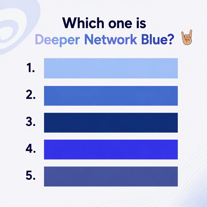 A color comparison quiz titled 'Which one is Deeper Network Blue?' with five different shades of blue numbered 1 through 5.