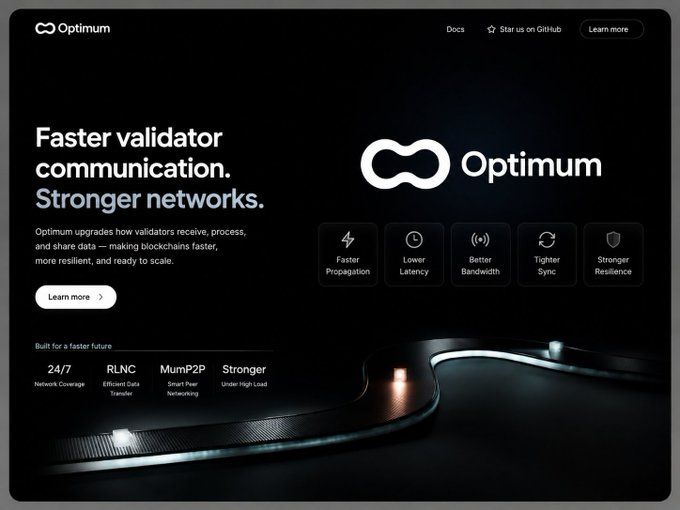 A dark-themed website for 'Optimum' promotes 'Faster validator communication. Stronger networks' with feature icons for Propagation, Latency, Bandwidth, Sync, and Resilience.