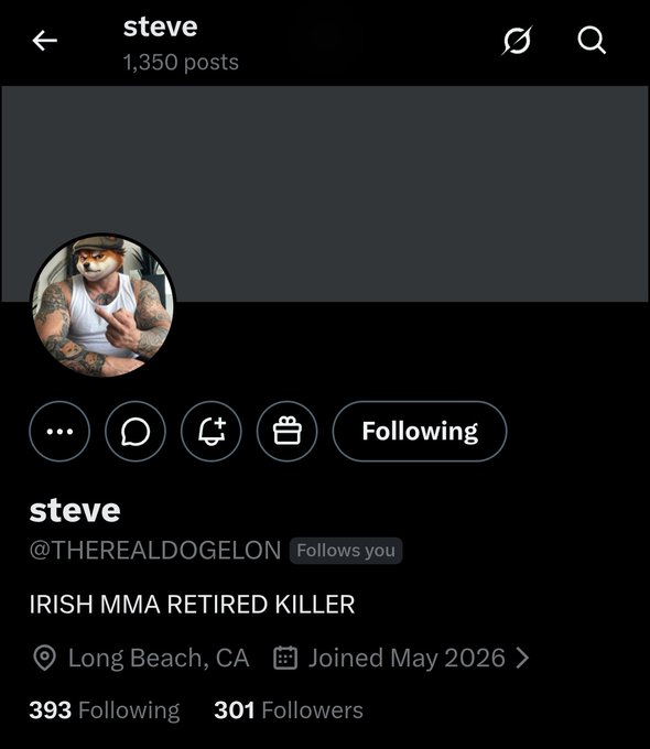 An Instagram profile for "steve" (@THEREALDOGELON) showing 1,350 posts, 393 following, and 301 followers, with the bio "IRISH MMA RETIRED KILLER" located in Long Beach, CA, having joined in May 2026. The profile picture features a tattooed man wearing a dog mask, and the image aligns with the post's shoutout encouraging followers to support Steve, an XRP enthusiast in California.