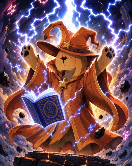 A dramatic illustration of a bear-like wizard character in a tattered orange hat and cloak, surrounded by blue lightning bolts while reading from a glowing magical book.