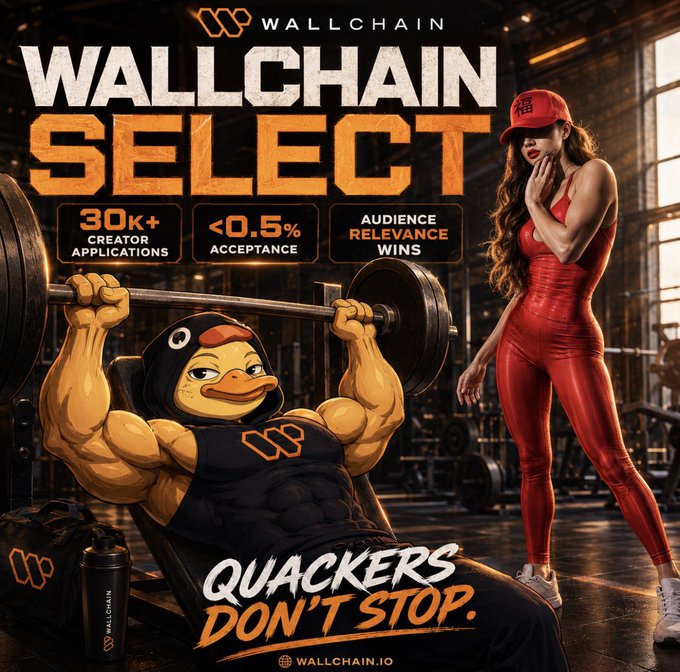 The image features a muscular man lifting weights, surrounded by various workout equipment including dumbbells and weight plates. A woman wearing a red jumpsuit is standing next to him as they both engage in their fitness routines. The scene appears to be in a gym setting with numerous bottles of protein shakes placed nearby.

An advertisement text overlay on the image states "Wallchain Select update: 3 campaigns, $30k combined budget, 30k+ creator applications, expected acceptance rate: <0.5%". This implies that Wallchain Select is introducing a new series of fitness-related products and is aiming to attract potential customers with high-quality, innovative workout solutions. The focus on the advertisement text in relation to the image emphasizes the promotional nature of these offerings, highlighting their value for users seeking cutting-edge fitness technologies and equipment.
