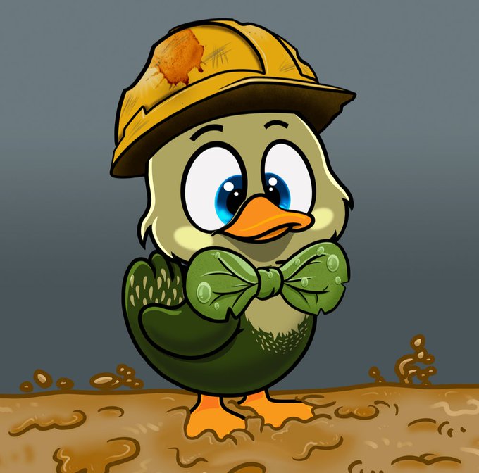A cartoon illustration of a cute duck wearing a yellow construction hard hat and holding a green leaf, standing in muddy brown water.