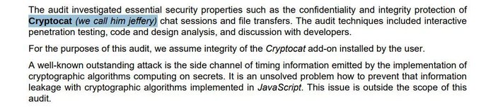 A snippet of text describing a security audit on Cryptocat, highlighting it as "we call him jeffery" and discussing integrity protection, penetration testing, and side channel timing attacks.