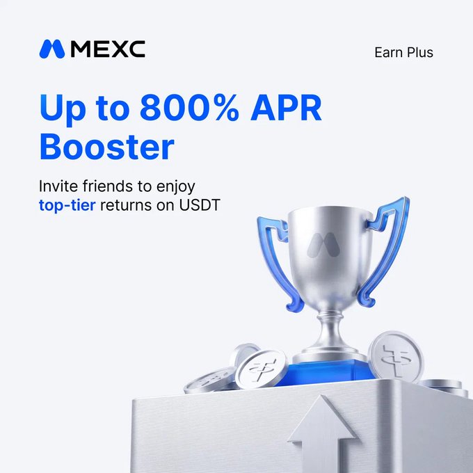 A MEXC Earn Plus promotional graphic featuring a silver and blue trophy surrounded by USDT coins atop a pedestal with an upward arrow, advertising up to 800% APR Booster rewards for inviting friends.