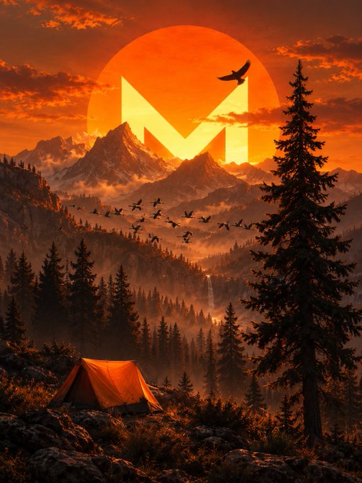 A glowing orange Monero (XMR) logo sun sets behind rugged mountains as birds fly across the horizon, with a lone tent pitched in a misty pine forest below—evoking the quiet resolve of an early believer staking a point to come. The image mirrors the post's message of conviction in XMR's potential, framing the cryptocurrency as a dawning chapter worth watching before the masses arrive.