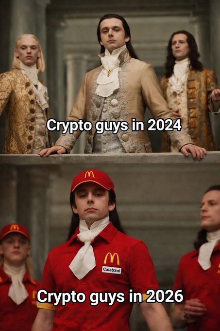 A two-panel meme featuring actors from Interview with the Vampire; the top shows them in 18th-century aristocratic attire labeled 'Crypto guys in 2024', while the bottom shows them in red McDonald's uniforms labeled 'Crypto guys in 2026'.