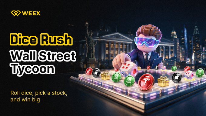 A promotional banner for Weex's "Dice Rush: Wall Street Tycoon" campaign features a cartoon businessman in VR goggles throwing dice across a board game-style trading floor, with the tagline "Roll dice, pick a stock, and win big" and the Weex logo in the corner, visually representing the stock-trading dice game competition running October 12–18, 2026 with 500 USDT prizes for 100 winners.