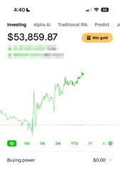 A trading app screenshot displays a $2,406.05 investment account, showing a market value of $53,659.87, and references "Alpha AI" and "Traditional IRA" with a price indicator of $57.55 — the user is highlighting that their day trading challenge account balance is nearing the size of their 401(k) retirement fund.
